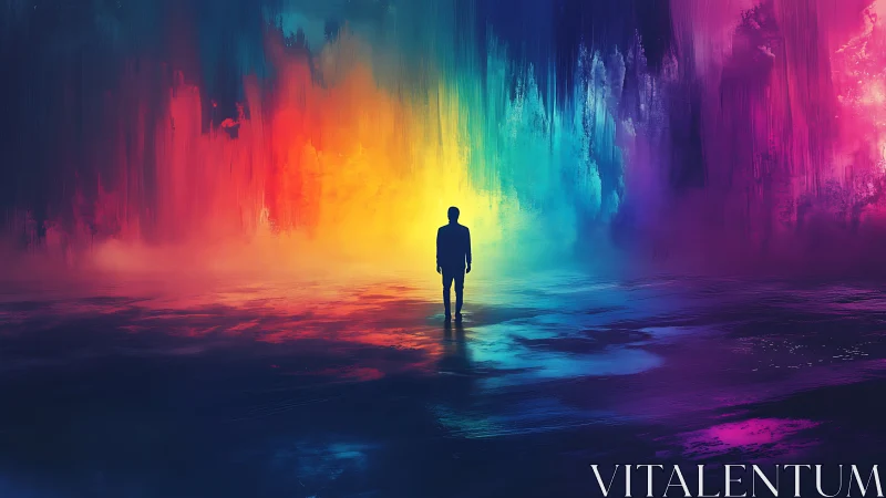 Solitary dreamer walking into a radiant rainbow horizon.