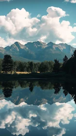 Mountain range reflected in calm forest lake.