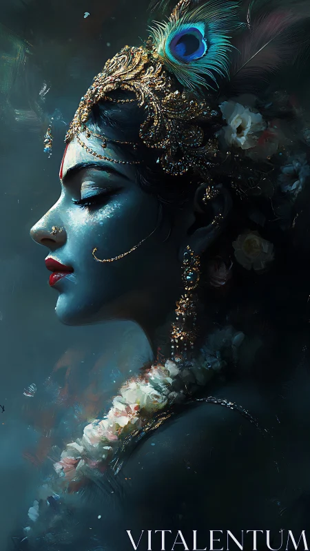 Digital painting profile of divine blue-hued adorned figure.