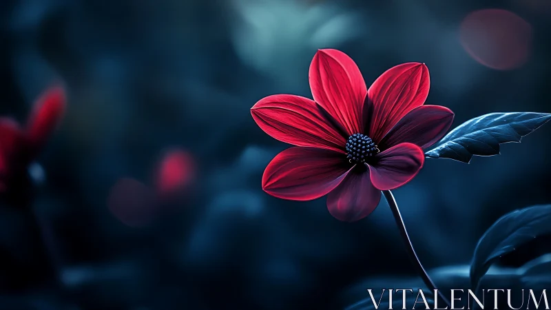 Red Cosmos Flower Against Deep Teal Background.