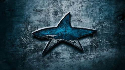 Blue shark emblem on scratched metallic textured background.