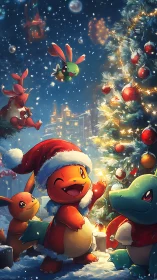 Christmas scene shows festive Pokémon around lit tree outdoors