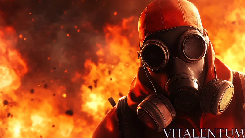 Figure in Gas Mask Against Fiery Background