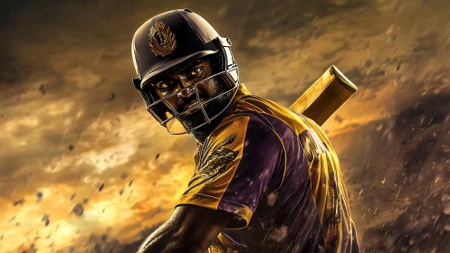 Cricket hero stands ready in stormy light, eyes on victory