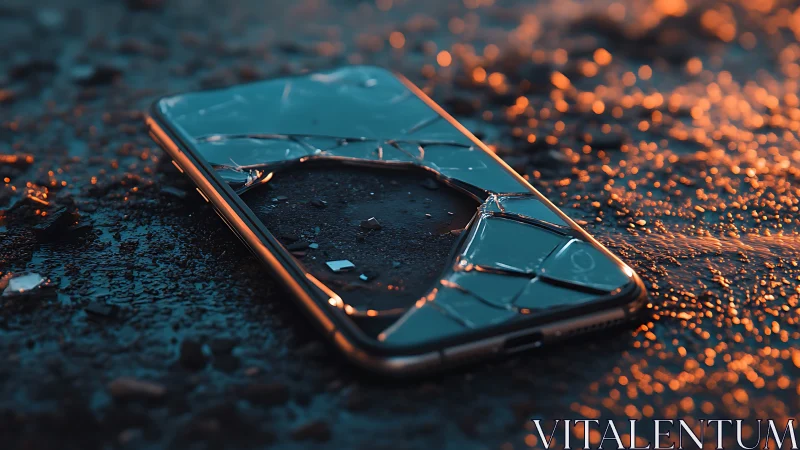 Smartphone with shattered screen on wet textured ground.