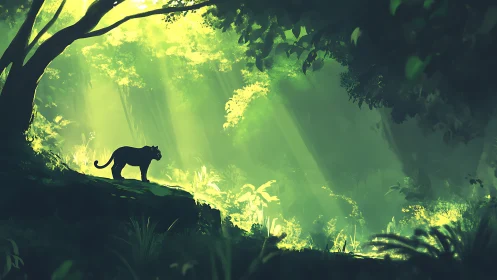 Solitary Explorer: A Panther's Mystical Forest Discovery.