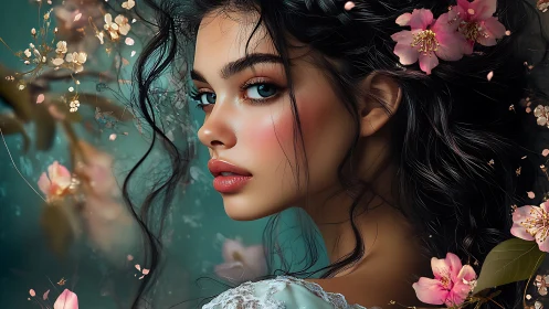 Digital portrait of floral crowned woman with teal bokeh background