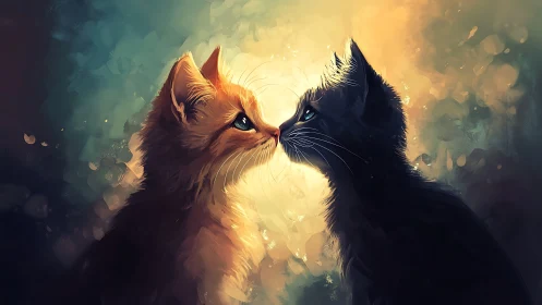 Two Cats in Profile Against Luminescent Background.