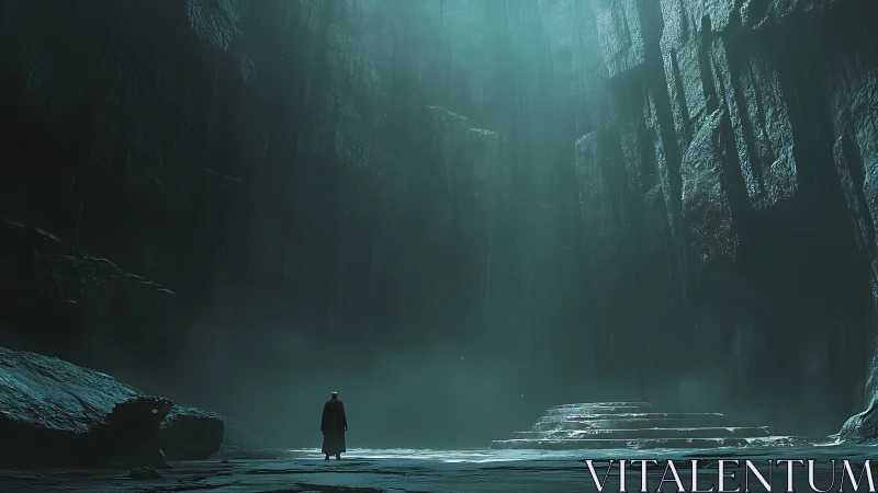 Lone figure confronts towering cavern altar in teal light.