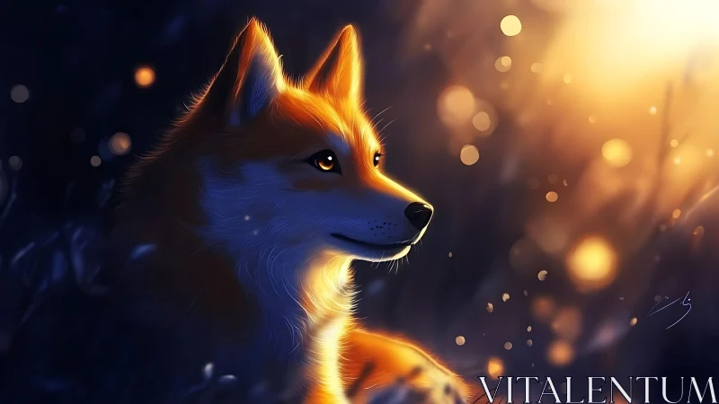 Fox gazes toward warm sunset glow in soft bokeh field