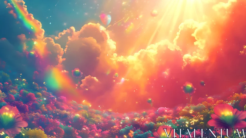 Luminous rainbow cloudscape over iridescent dream meadow.