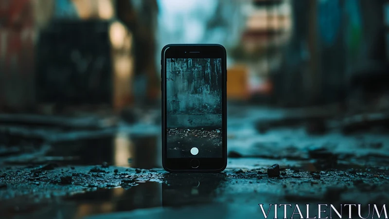 Smartphone records shallow depth view of wet urban alley