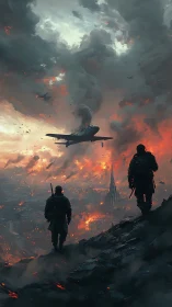 Soldiers watch burning city under heavy bomber assault.