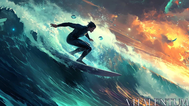 Surfer rides luminous storm wave beneath blazing sky