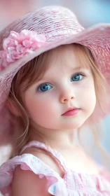 Porcelain-Faced Girl in Pink Wide-Brimmed Hat Gazes Softly