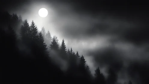 Moonlit pines rise through silver fog in hush of night.