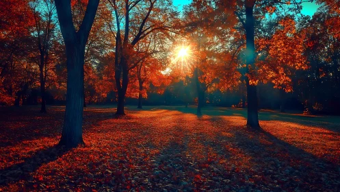 Sunlit autumn forest with long tree shadows in park.