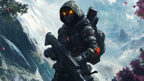 Armored rifle operative in snowy mountain landscape scene.