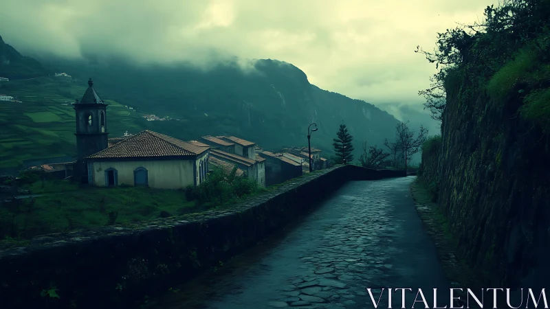 Misty mountain village road whispers toward the hidden valley