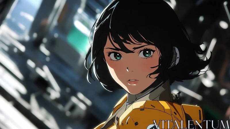 Resolute young pilot in luminous mech hangar light.