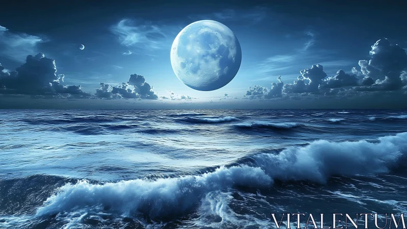 Moonlit tide drifting beneath a colossal floating moon.