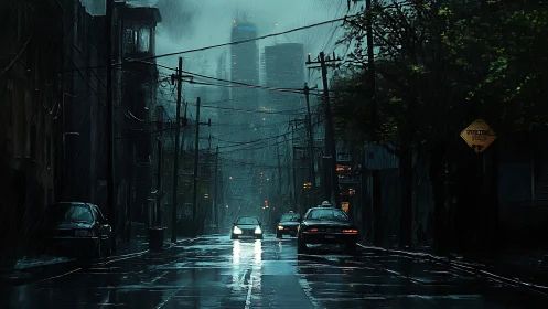 Noir cyberpunk rain-soaked urban street with distant skyline.