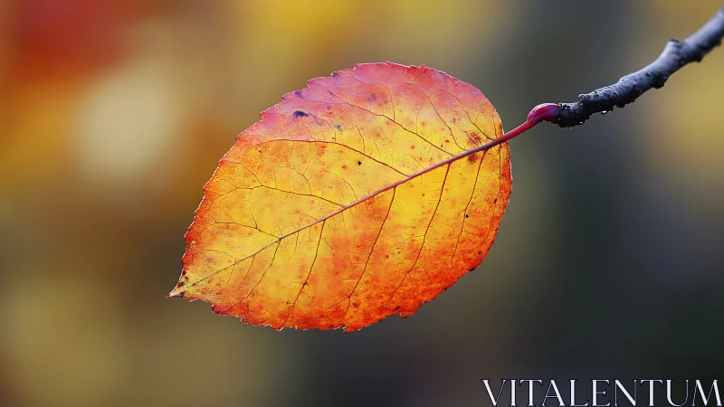 Single autumn leaf with warm backlight on blurred branch.