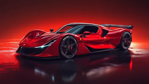 Glossy red hypercar slices through a neon-lit studio glow