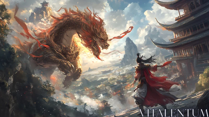 Warrior faces colossal dragon above ancient city skyline.