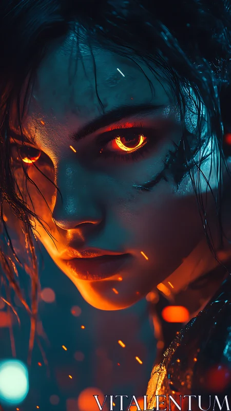 Cyborg woman close-up with glowing orange eyes in neon light.