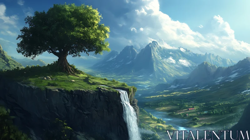 Solitary tree on cliff above waterfall and distant valley.