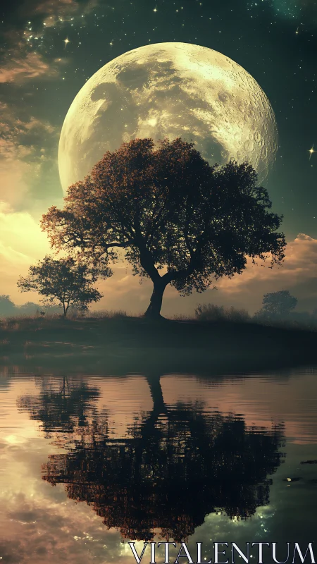 Digital painting of lunar rise over reflective lakeside grove.