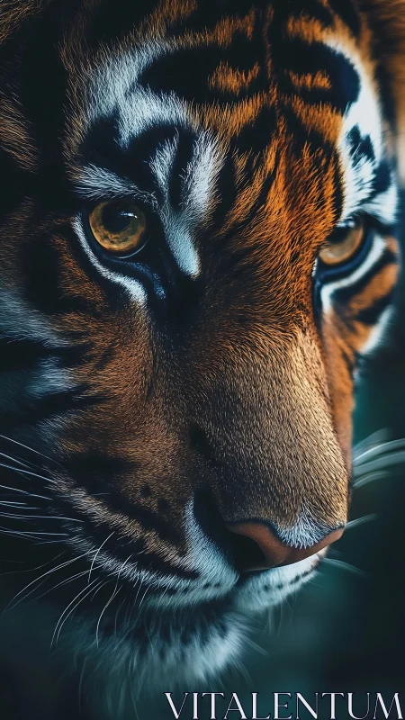 Tiger gaze carves molten focus through jungle twilight hush