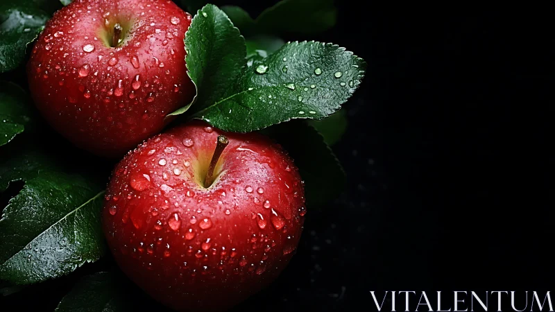 Red apples glisten under droplets against deep black void.