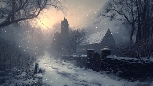 Snowy church lane glows in misty winter twilight haze.