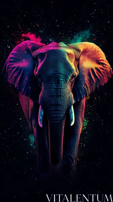 Neon-spectrum elephant portrait in cosmic negative space framing.