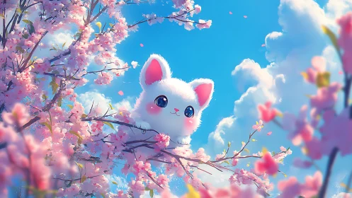 Cherry blossoms crown a fluffy sky-kitten in pastel daylight