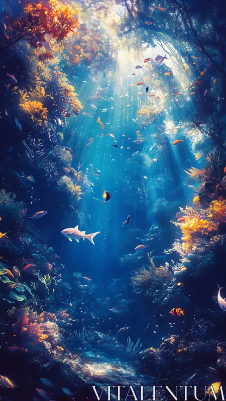 Sunlit coral forest with drifting reef fish and sharks.