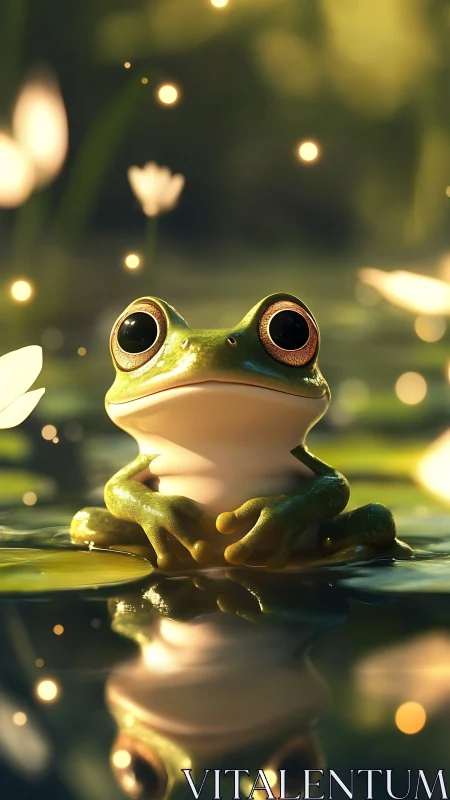 Stargazing pond frog glows among dreamy firefly lights.