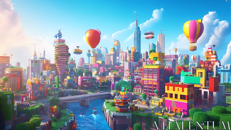 Colorful voxel city with playful hot air balloons overhead.