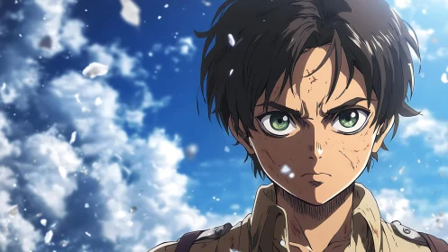 Storm-eyed anime hero standing defiant beneath bright sky.