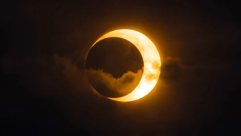 Solar eclipse ring glows through drifting twilight clouds.