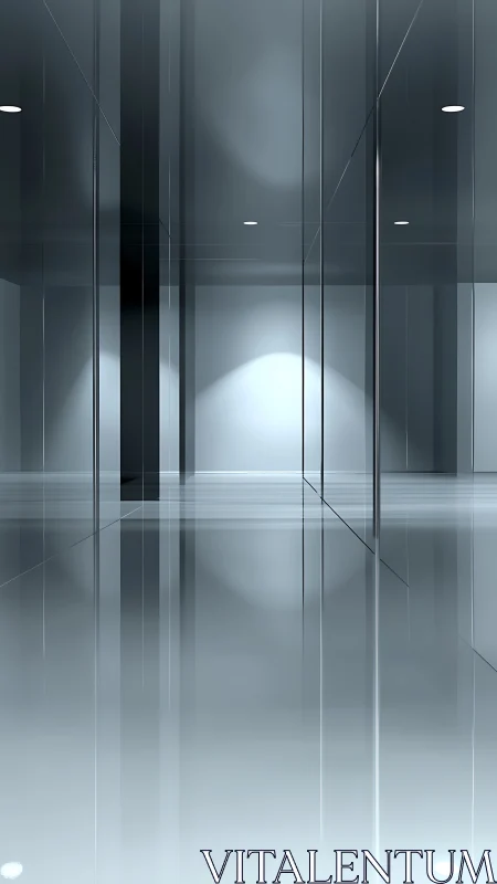 Minimalist mirrored corridor with linear reflective geometry.