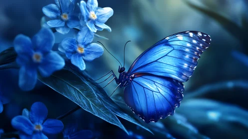 High-saturation blue butterfly resting on foliage with shallow DOF