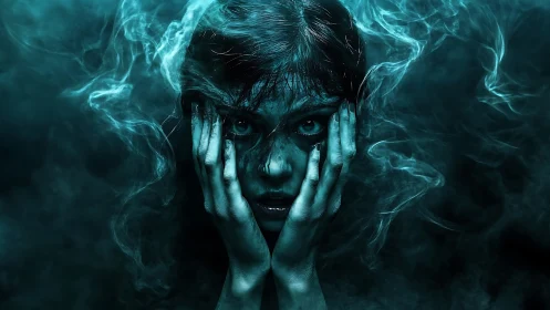 Ethereal female portrait enveloped in teal spectral smoke field