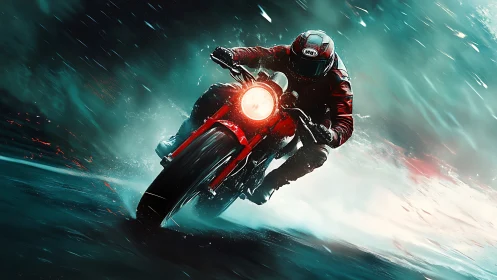Rain-soaked night ride with a fearless red motorcyclist.
