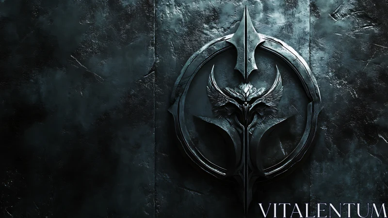 Dark metallic sigil emblem on textured industrial wall surface.