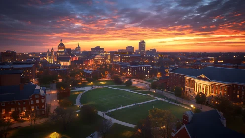 Sunset glows over a vibrant university campus and city skyline