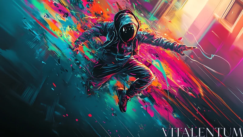 Hooded figure in motion amid vivid abstract color streaks.