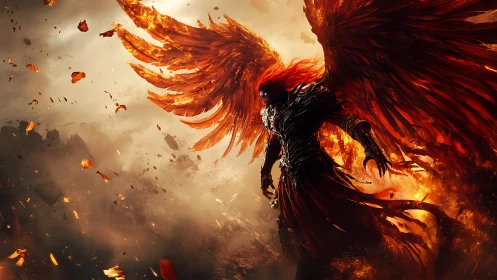 Fiery winged warrior descends through erupting ash storm